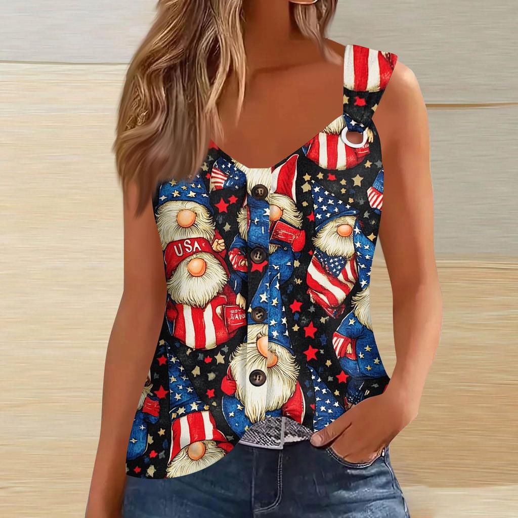 Women's Fashion Casual Loose Sleeveless Buttoned V-Neck Independence Day Printed T-Shirt Top