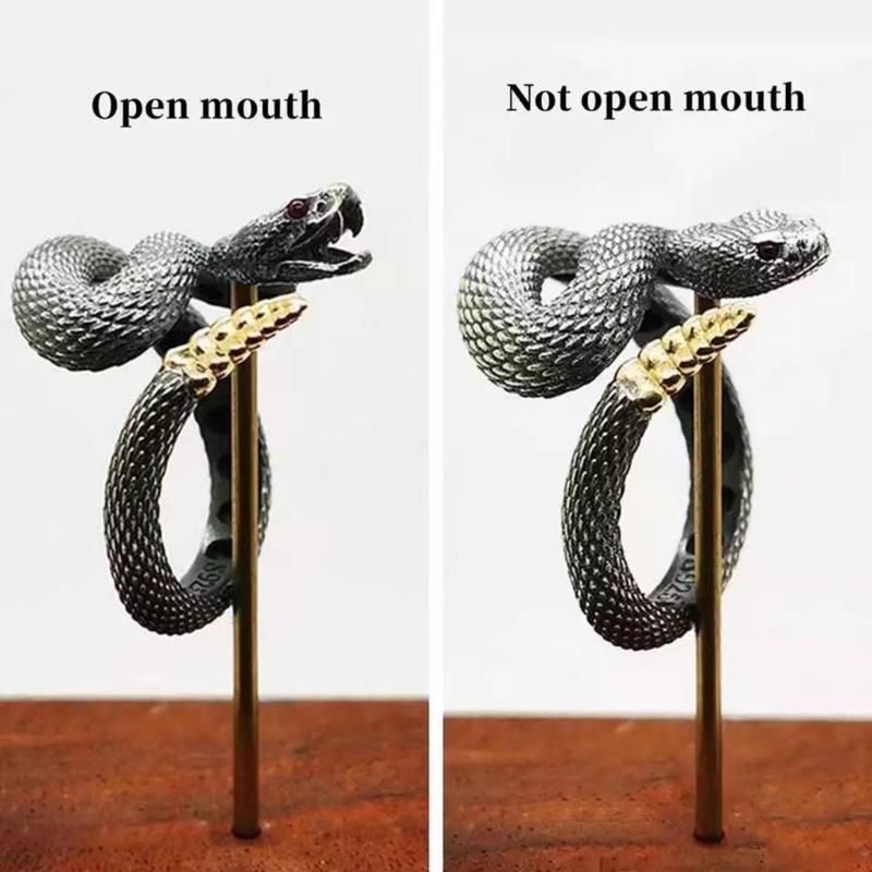 Snake Ring with Tail Copper Rattlesnake Shaped Finger Ring Jewelry Handmade Adjustable Serpent Ring Gift for Men Women