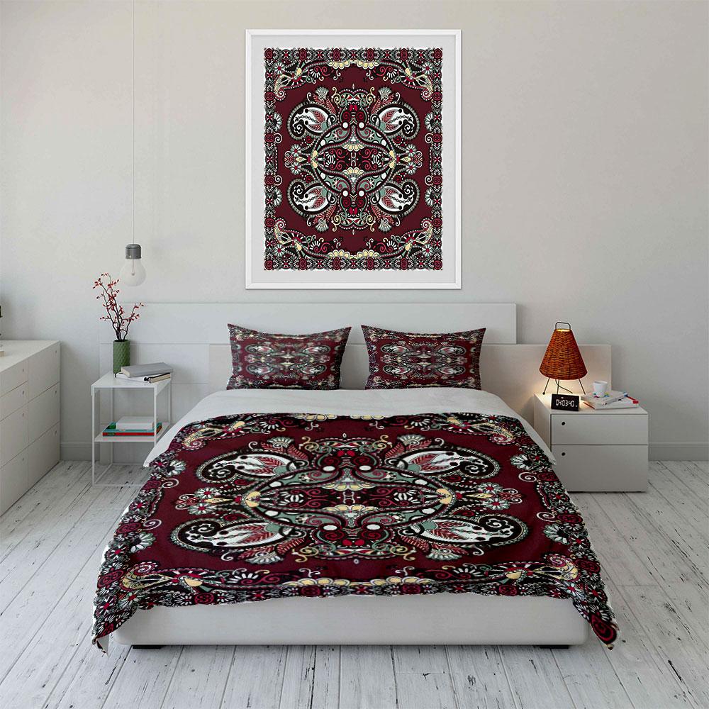 Floral Paisley Burgundy Pattern Bedding Duvet Cover Set  (1*Duvet Cover 2*Pillowcases, without duvet insert)