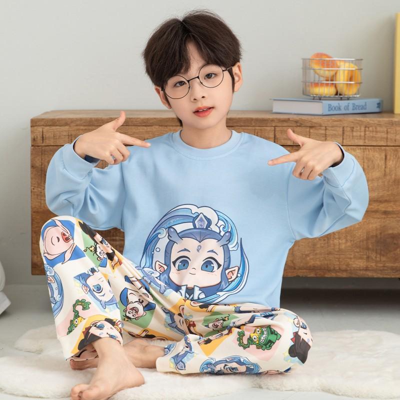 Boys Cotton Pajama Set Long Sleeve Cartoon Print Sleepwear Kids Teens Home Wear