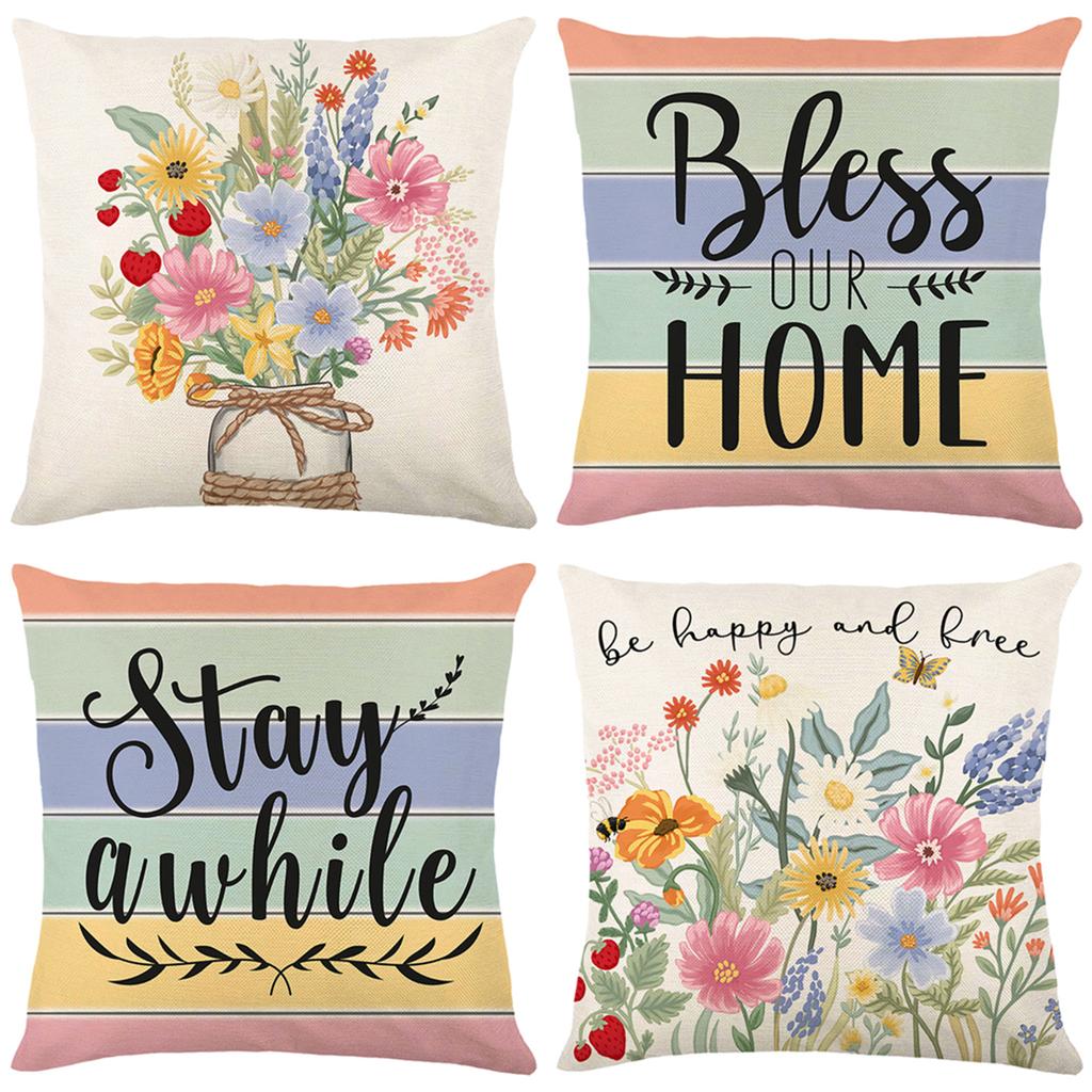 4 Stück Blumen Überwurf Kissenbezüge Quadratisch Leinen Taillenschutz Kissenbezug Bett Sofa Kissenbezüge Heimdekor Kissenbezüge 45x45CM