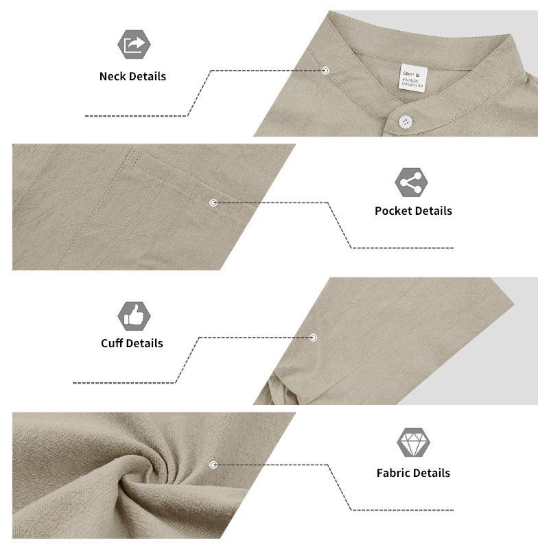 Herren Leinenmischung Hemd mit Mandarin-Kragen Kurzarm, Stehkragen Button-Down mit Brusttasche, Atmungsaktives Lässiges Sommer Oberteil mit Entspannter Passform für den Alltag