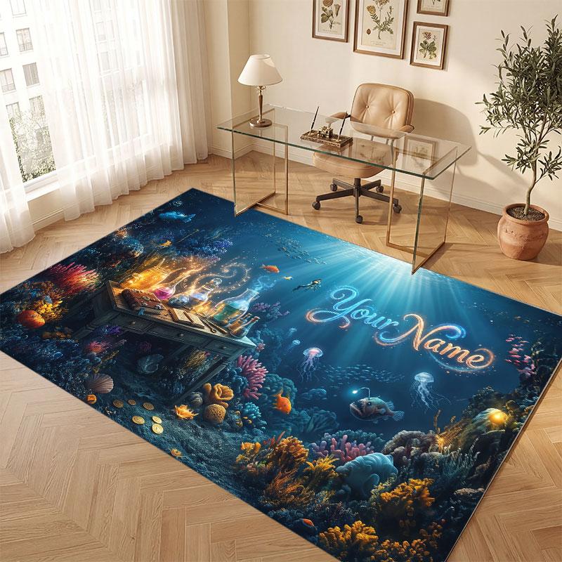 Octopus Sea Life Theme Crystal Velvet Floor Rug Personalized Custom Name Text Warm Carpet Home Decoration