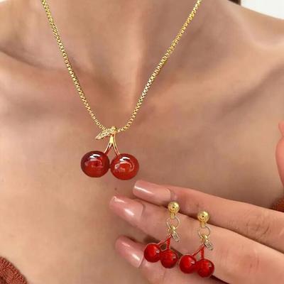Rhinestone Red Cherry Pendant Necklace & Earrings Set Versatile Fashion Accessories