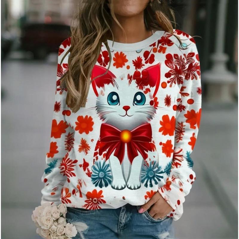 Roztomilý kočičí dámský dlouhý rukáv, podzimní a zimní kulatý výstřih, bavlněné oblečení, kawaii zvířecí tištěné topy 2024, nový módní svetr