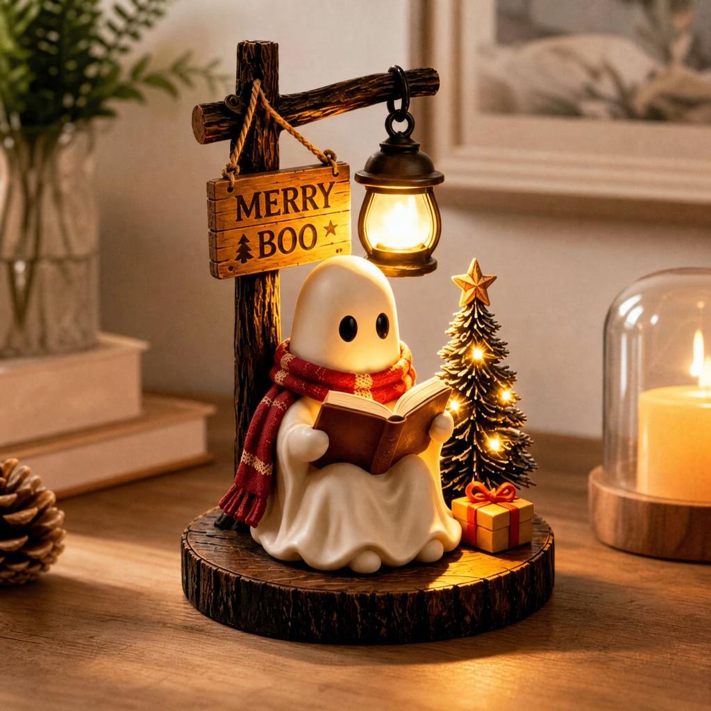 Reading Book Resin Night Light Figurine for Halloween Christmas Tabletop Decor with and Tree
