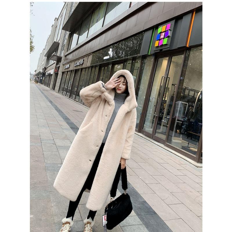 Autumn and Winter Thickened Imitation Rabbit Fur Long Hooded Loose Knee Jacket Women's Plush Coat Imitation Fur