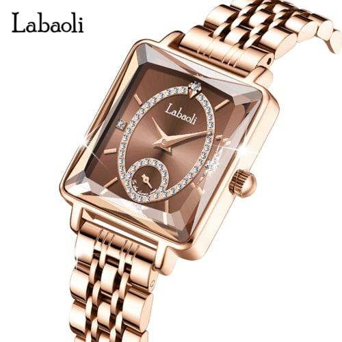 Women's Gold Square Wristwatch with Diamonds, Waterproof, Simple, Stylish, Casual, Business, Brand Name, Stainless Steel, Small, Luxury, Gift, Brown