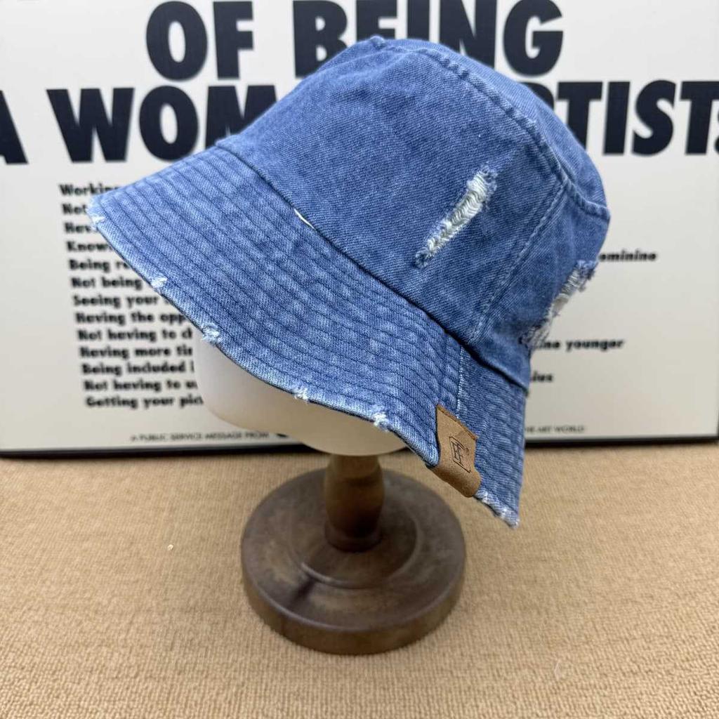 American Retro Old Denim Bucket Hat Women's Broken Edge Rough Edge Design Street Wind Show Face Small Sun Hat Sub Basin Hat