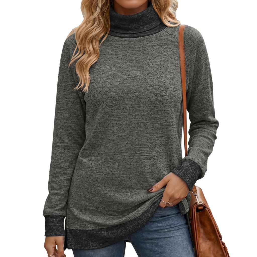 Women's Color High Neck Long Sleeve Loose Fit T-Shirt with Side Slit