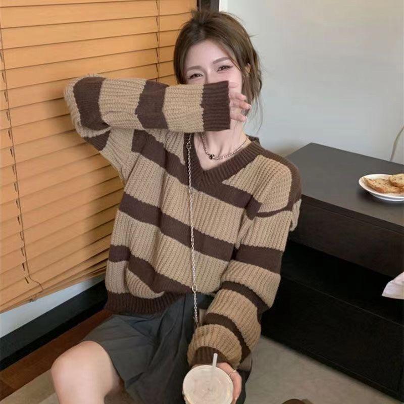 V-neck Striped Sweater Women's Japanese Languid Vintage Early Autumn Knit Top