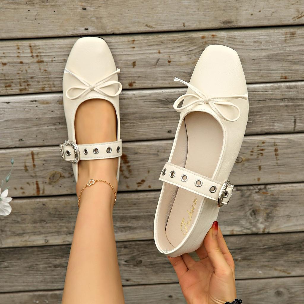 French Retro Square Head Grandma Shoes One-word Buckle with Doudou Single Shoes Temperament Flat Bow Spring and Summer