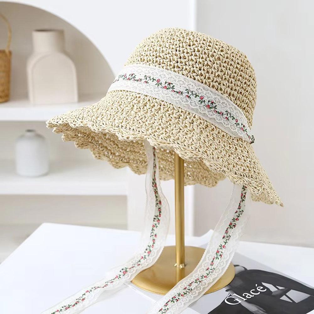 

Summer Hats For Women Sun Hat Foldable Sweet Flower Ribbon Outdoor Straw Cap Casual Sunshade Sunscreen Beach Accessories бежевый