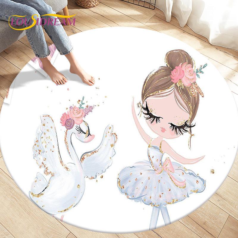Cute Ballet Girl Ballerina Cartoon Round Area Rug,Carpet for Living Room Bedroom Sofa Playroom Decor,kid Play Non-slip Floor Mat