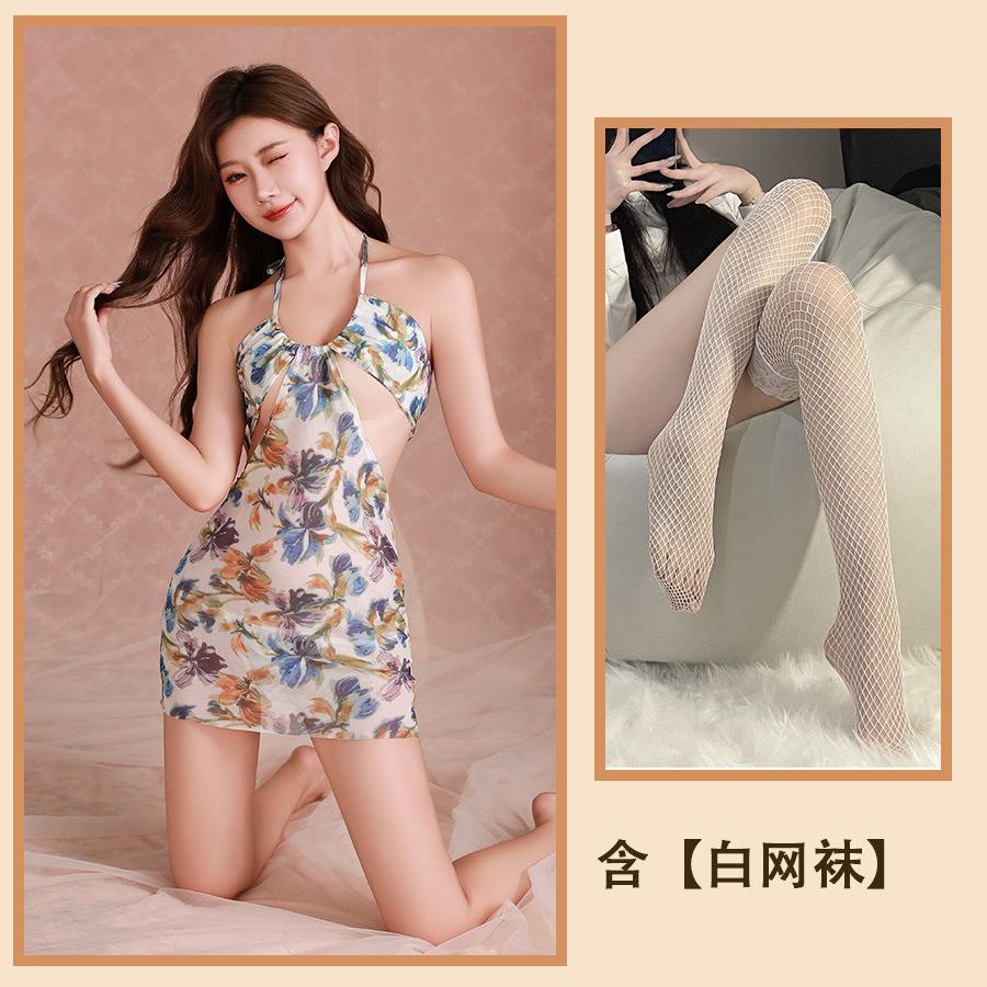 Sex Underwear Thai Seaside Vacation Floral Suspender Hip Skirt Sexy Backless Perspective Mesh New Women
