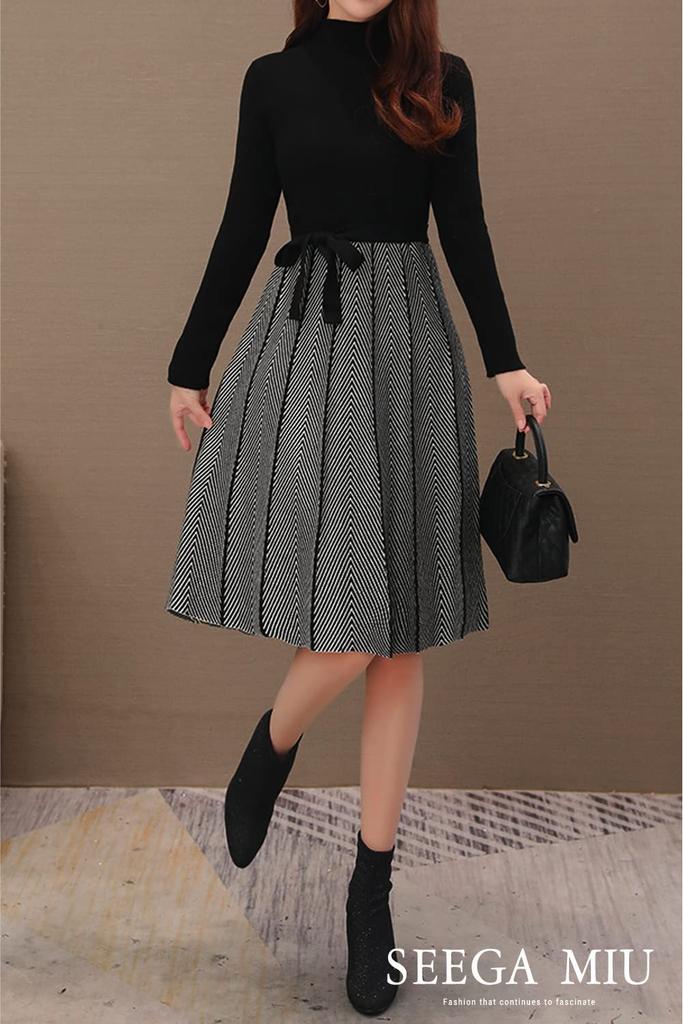 SEEGA MIU Knit Dress with Docked and Contrast One Available in 3 Colors Women's Patterns, Size, (Black)