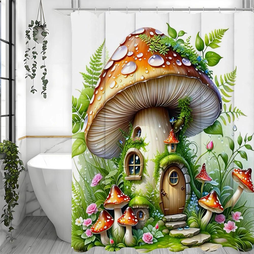 Enchanted Forest Mushroom Hut Floral Shower Curtain, Bathroom Decorative Shower Curtain, Waterproof Shower Curtain with Hooks