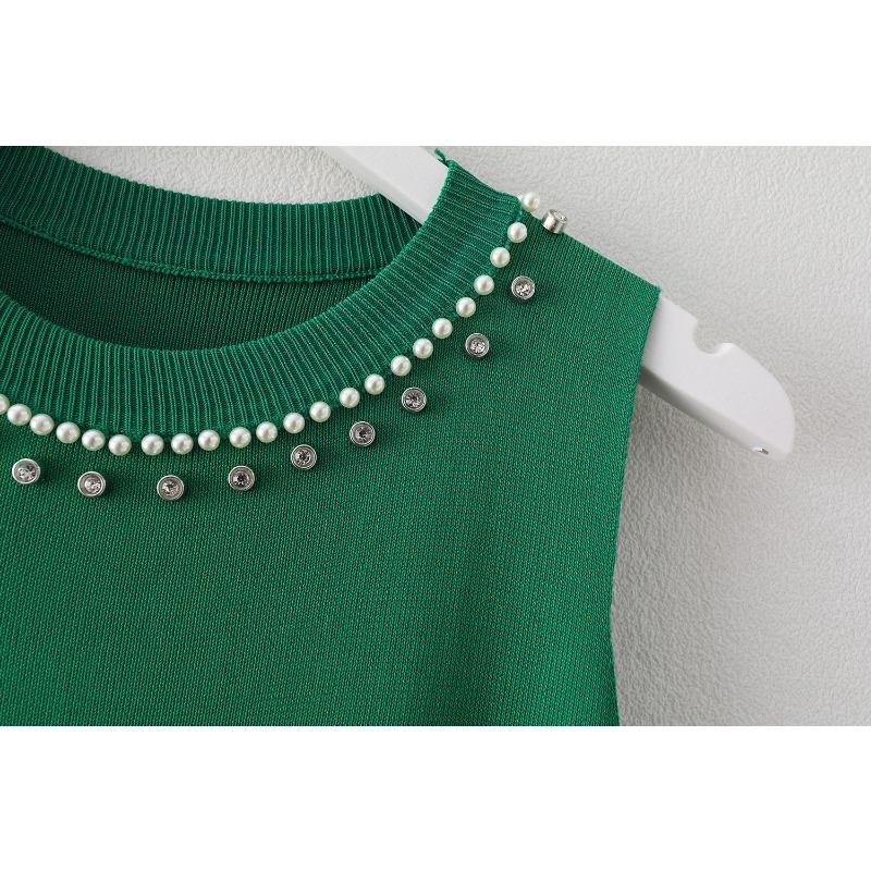 Women Summer New Round Neck Beading Tank Tops Elegant Slim Fit Knitted Casual Base Female Sleeveless Tanks Vest Simple Sweet Fashion Lady Camis 3115