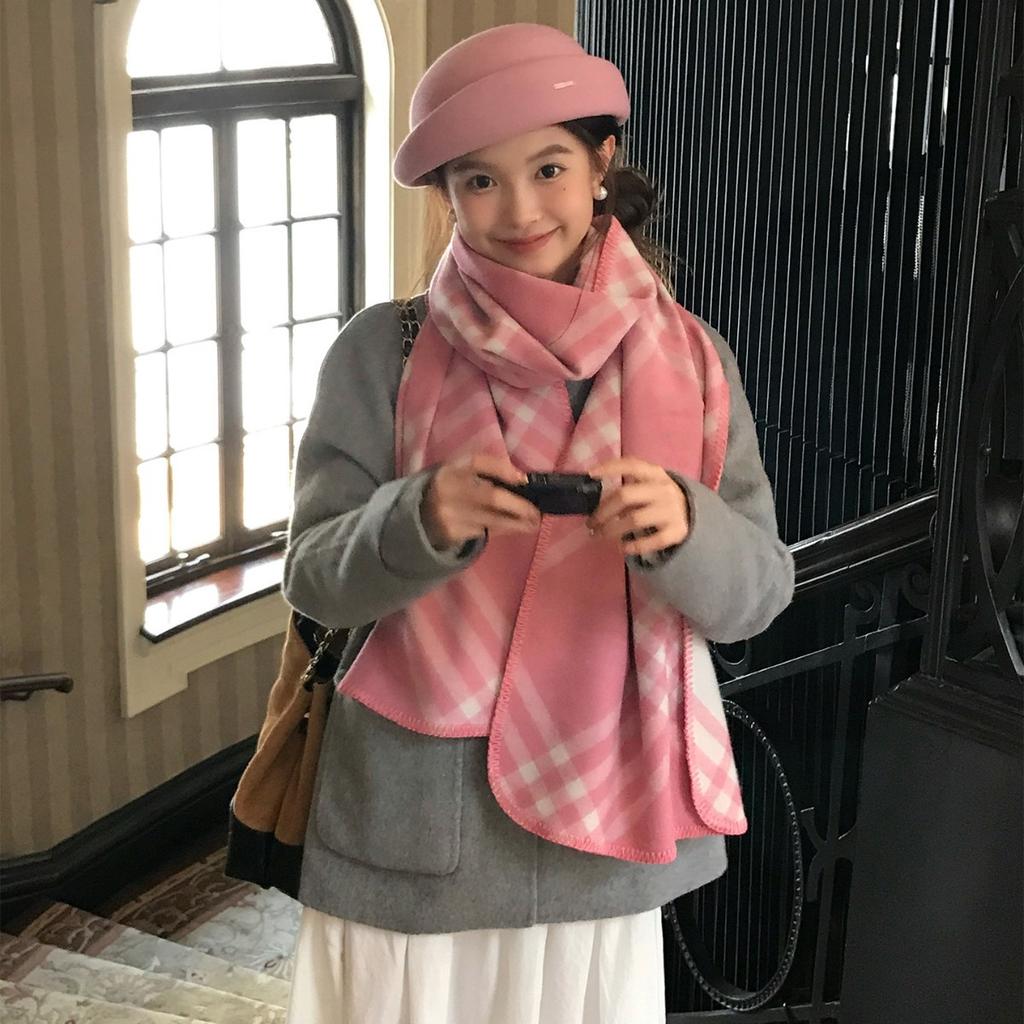 Pink Classic Checkered Scarf for Women Autumn and Winter Korean Style Scarf Shawl  Long  Warm and Thick