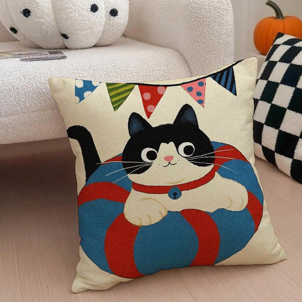 Cozy Cartoon Christmas Gift Cute Cat Cushion Cover Linen Pillow Case Soft Breathable Protective Couch Room Decoration