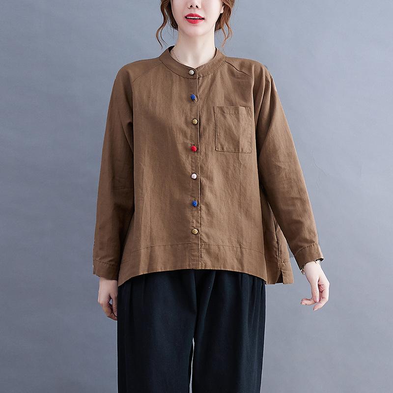 Camicie da donna in cotone e lino, Top a maniche lunghe chic di nicchia, Bottoni a disco da donna, Camicie larghe letterarie retrò