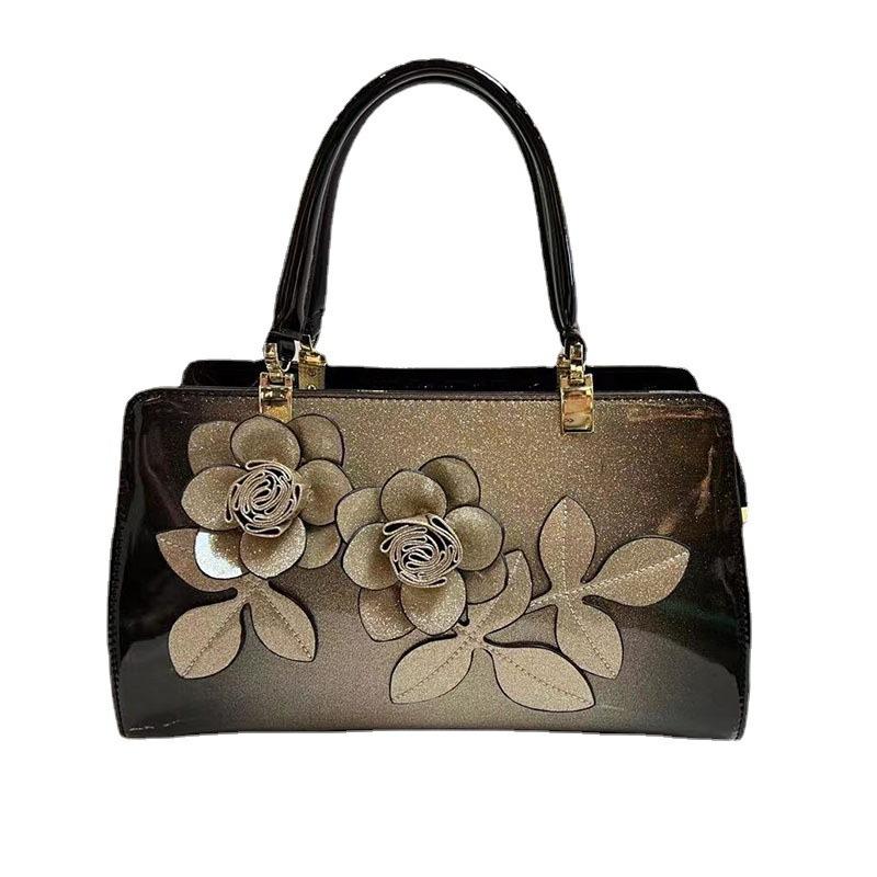 Leather Bag Handbag Rose Graphic Women'S Bag Middle-Aged Square Bag Shoulder Messenger Bag