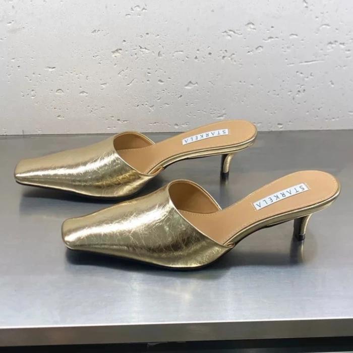 Square Toe Slippers Women High Heels Kitten Sandals Shoes Mules Fashion Summer 2025 New Leather Dress Pumps Casual Sandalias