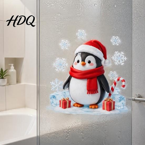 Snowflake Glass Stickers Christmas Cartoon Penguin Window Sticker Cute Decal with Santa Hat And Winter Theme Party Supplies Scarf Design PVC