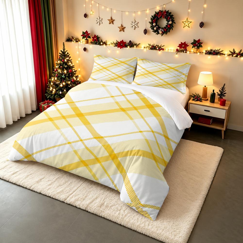 Duvet Cover Set Yellow White Plaid Tartan Diagonal Checkered Pattern for Adult Bedroom Decor