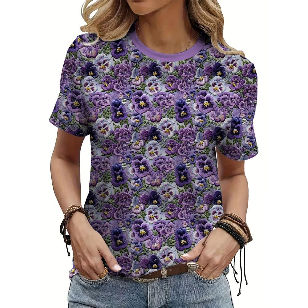 Women's Fashion Oil Floral Pattern Fashion Short Sleeve Round Neck Top Casual