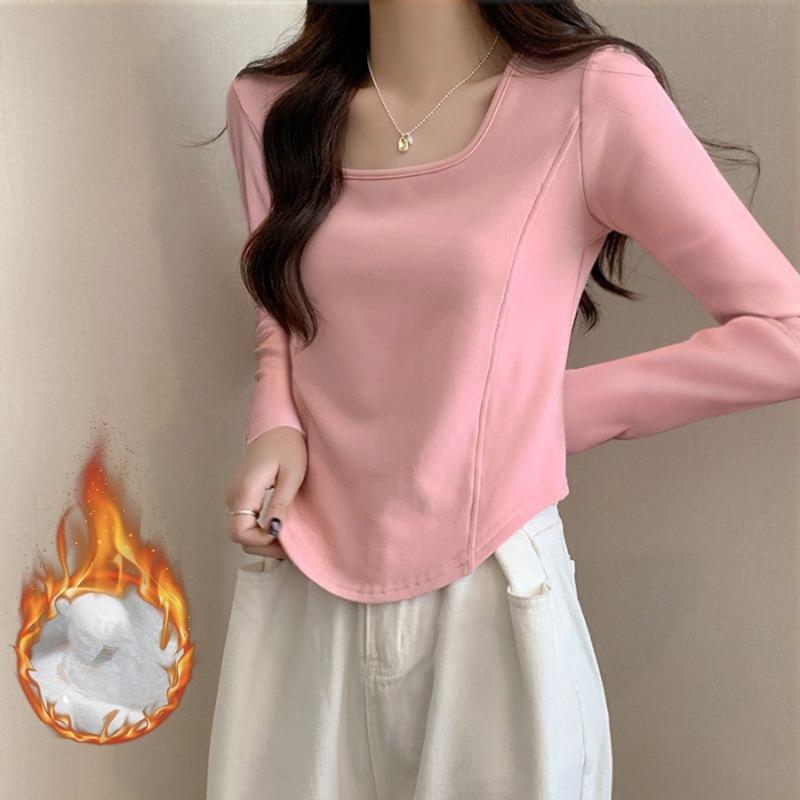 Women's Long Sleeve T-Shirt with Right Shoulder Fishbone Waist Slim Fit Square Neckline and Curved Hem Design Base Layer Top for Autumn and Winter