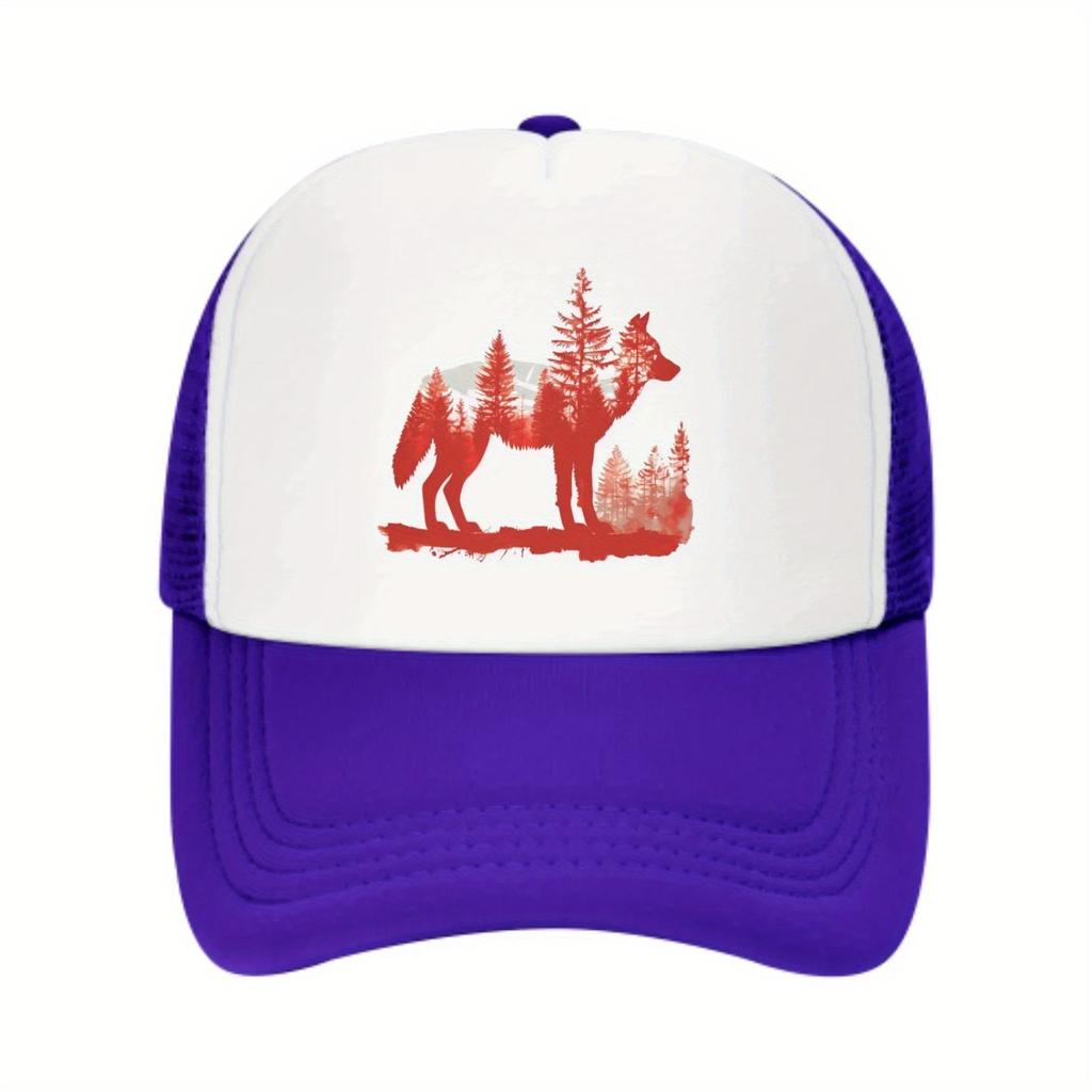 Wolf Forest Silhouette Print Trucker Hat Casual Adjustable Baseball Cap Outdoor Sun Protection
