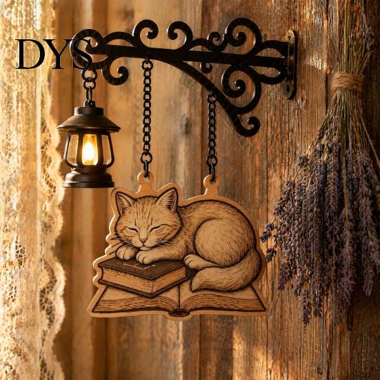 Cat Decor for Book Lovers Vintage Bookshelf Light with Sleeping on Design, Retro Lantern Unique Craft Gifts Students Lamp Reading, Decorative