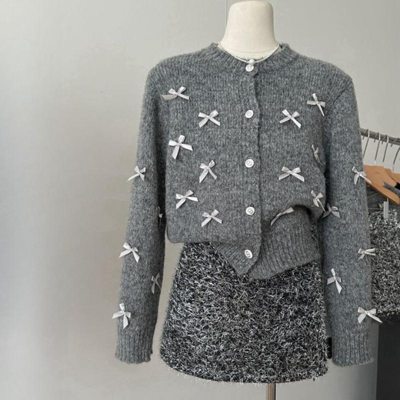 

Gray Design Lazy Autumn Winter Round Neck Knitted Bowknot Sweater Cardigan Top S срібло сірий колір