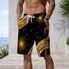 Mens Plus Size Beach Shorts Luxury Glitter Gold Dark Green Swirl Print Casual Drawstring Quick Dry Shorts For Summer Swimming Surfing Beach Holiday