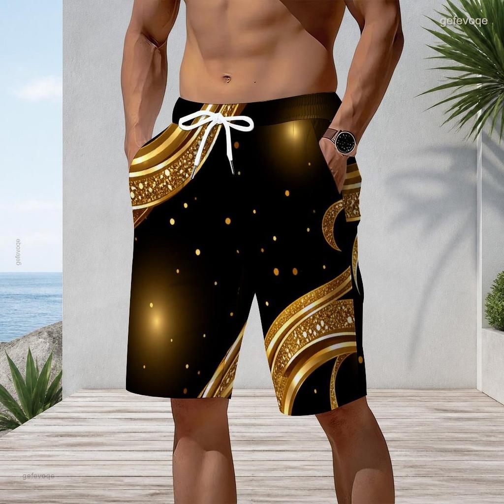 Mens Plus Size Beach Shorts Luxury Glitter Gold Dark Green Swirl Print Casual Drawstring Quick Dry Shorts For Summer Swimming Surfing Beach Holiday