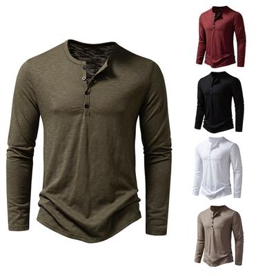 Herren-Hemd mit Henley-Ausschnitt, Baumwolle, langärmelig, lässig, einfarbig, modische T-Shirts mit Knöpfen