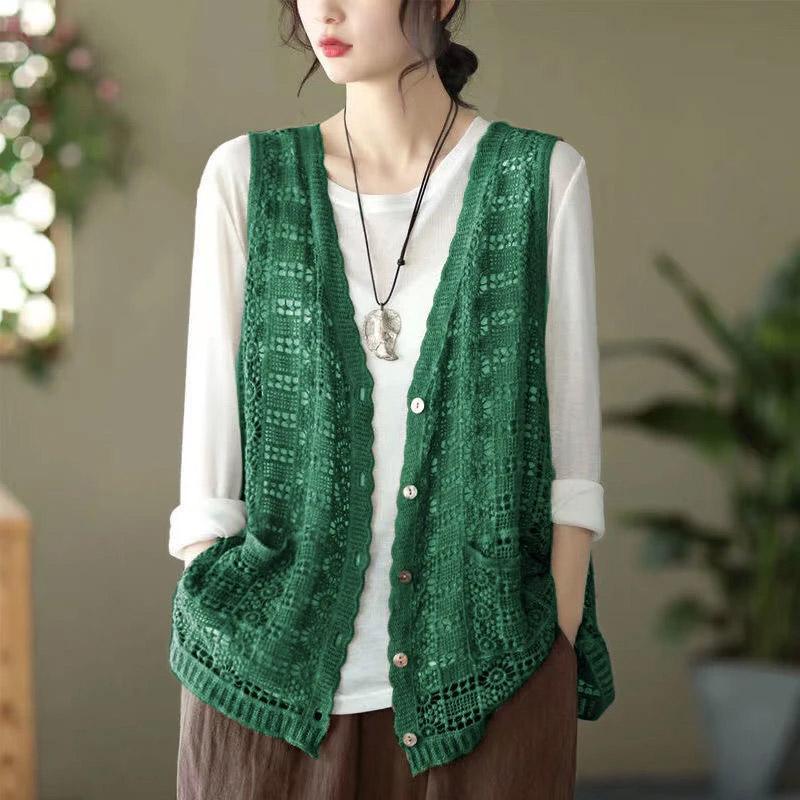 Vest for Women Skeleton Sleeveless Knit V Neck Vest Tops Solid Color Casual Lace Camisole Vest