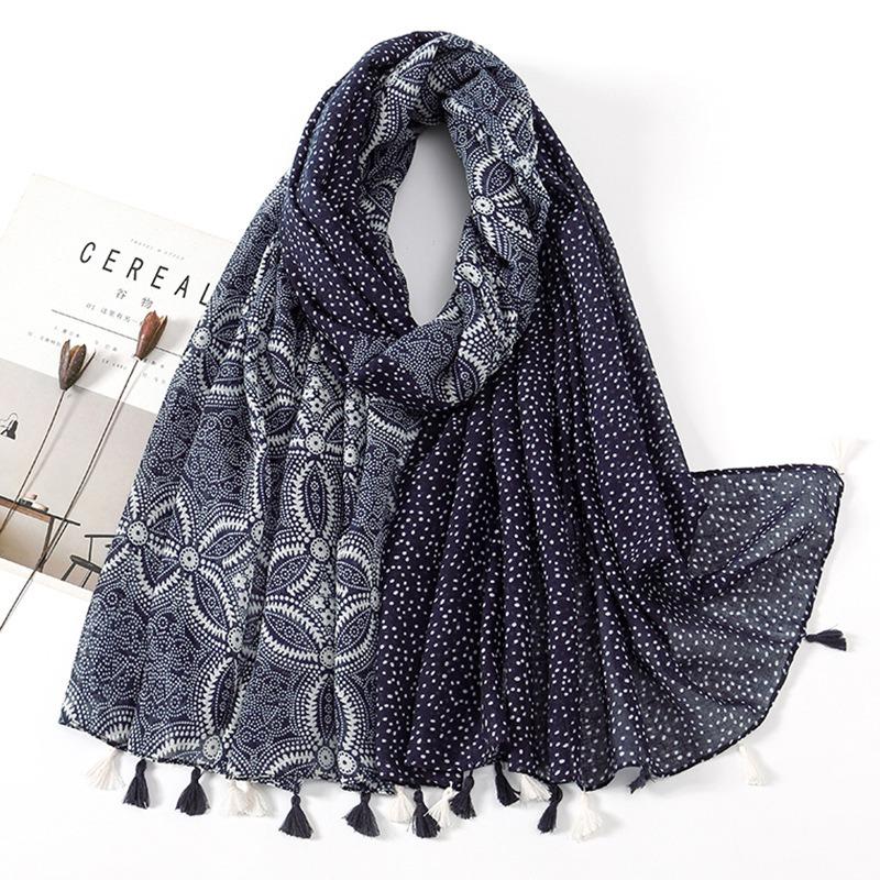 Spring and Autumn New Bali Yarn Tassel Retro Printed Geometric Scarf Versatile Fashion Travel Sunscreen Shawl Silk Scarf Women