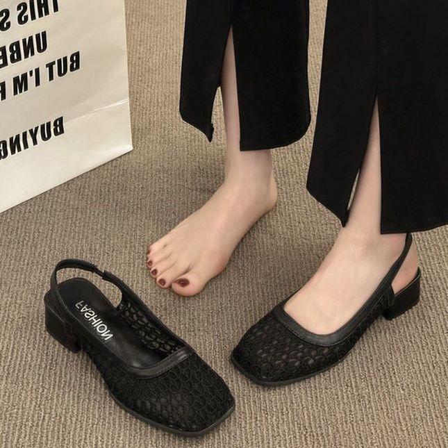 Mesh Hollow Bag Head Sandals Women's 2025 New Summer French Mary Jane with Skirt Temperament Thick Heel Single Shoes
