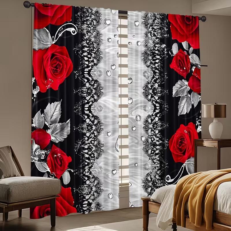 2Pcs Valentine's Day rose print curtains,suitable for bedroom,living room kitchen decoration,home decoration,window decoration