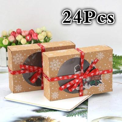 24Pcs/Pack Christmas European New Style Kraft Paper Box Christmas Window Biscuit Packaging Box Kraft Paper Large Gift Box