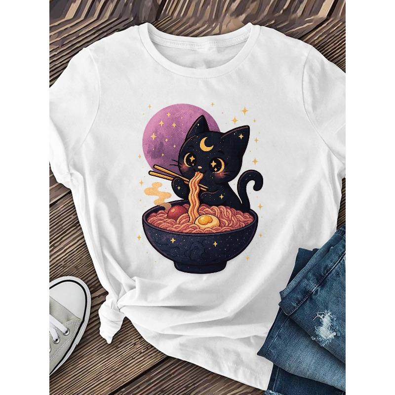 A Cat Lady Eating Ramen, Short-sleeved, Patterned Printed Round-neck T-shirt, Casual Short-sleeved T-shirt, Women's Clothing