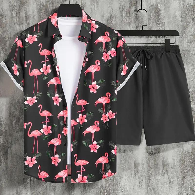 Stylish Lapel Button-Down Shirt Shorts Set Summer Men's Short-Sleeved Shirt Drawstring Shorts 2-Piece 3D Leaf Print Travel Suit