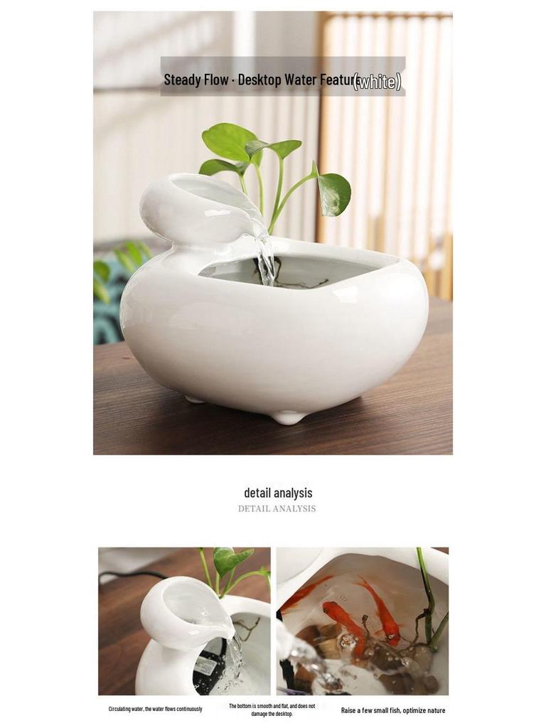 Ceramic Desktop Fish Tank with Automatic Water Circulator and Lucky Cat Ornament