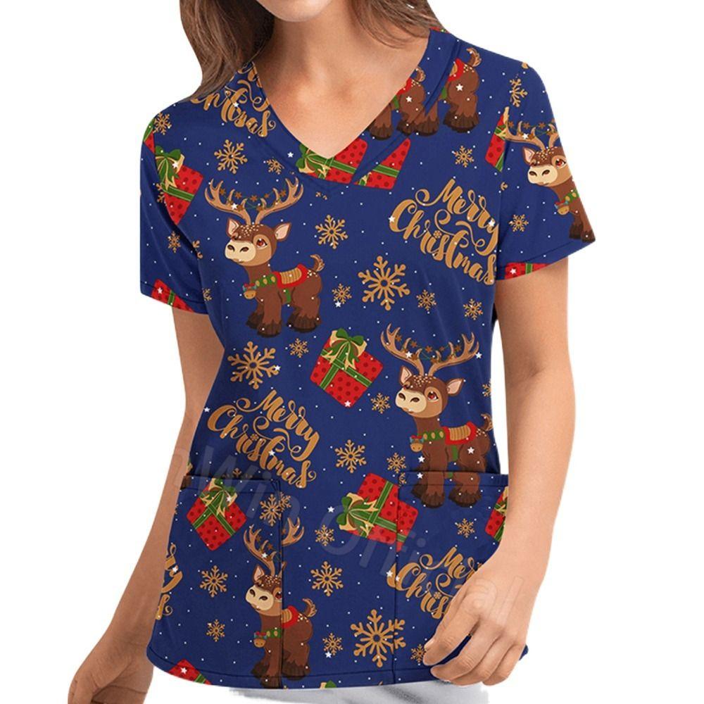 Short Sleeves Summer Winter Pajamas Santa Claus Woman T-Shirt V-neck Shirts Tops Christmas Blouse