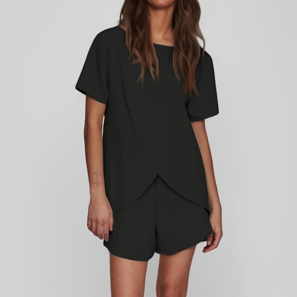 Damen Locker Lässig Zweiteiliges Set Kurzärmel Rundhals Locker Lässige Shorts Einfarbig Unregelmäßiges Set