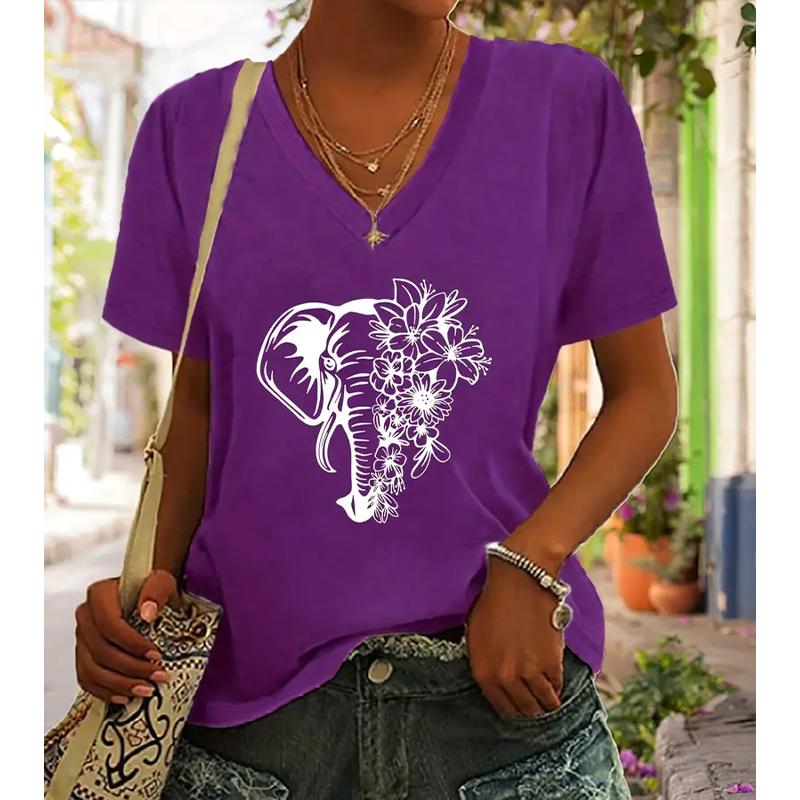 Fashion Minimally Drawn Elephant Painting Blouses Short Sleeved V-Neck T Shirts Casual