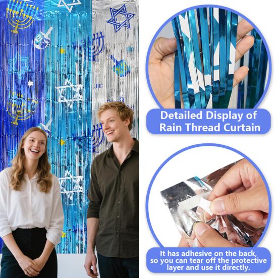 1/2/3Pcs Hanukkah Rain Curtain Background Shiny Metal Texture Three-Color Gradient Visual Effect Rain Curtain Holiday Decoration