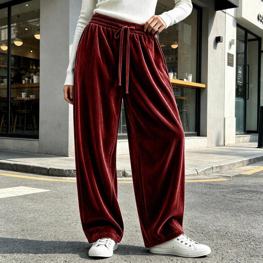 Women's Fashion High Waist Pants, Korean Velvet Casual Long Trousers for Everyday Wear